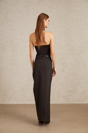 Aurohaya Uranie Black Gathered Halterneck Maxi Dress
