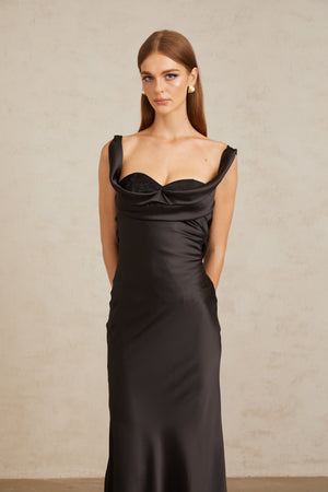 Aurohaya Ulla Black Corset Satin Maxi Dress