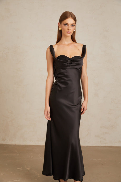 Aurohaya Ulla Black Corset Satin Maxi Dress