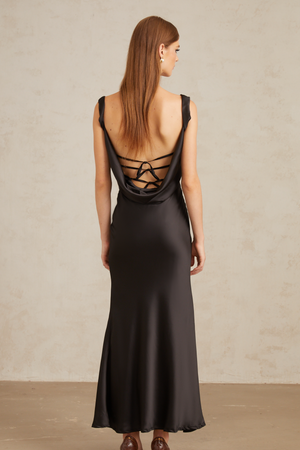 Aurohaya Ulla Black Corset Satin Maxi Dress