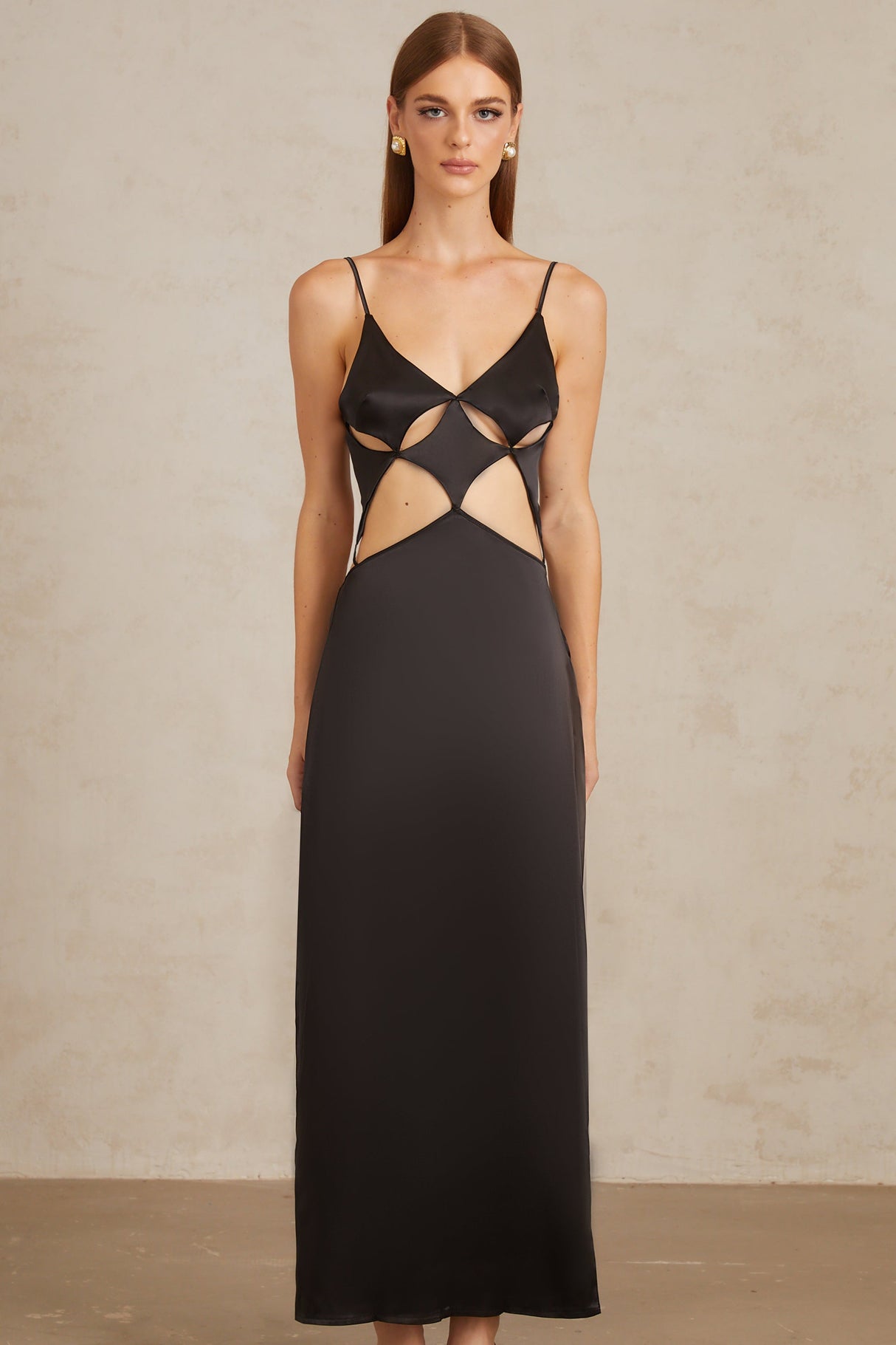 Aurohaya Noire Black Tie-Detail Cutout Maxi Gown