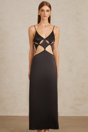 Aurohaya Noire Black Tie-Detail Cutout Maxi Gown