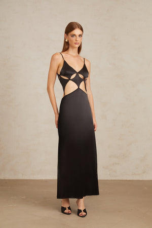 Aurohaya Noire Black Tie-Detail Cutout Maxi Gown