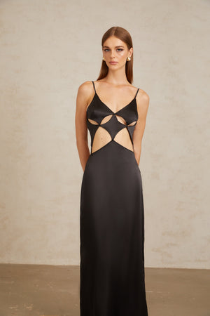 Aurohaya Noire Black Tie-Detail Cutout Maxi Gown
