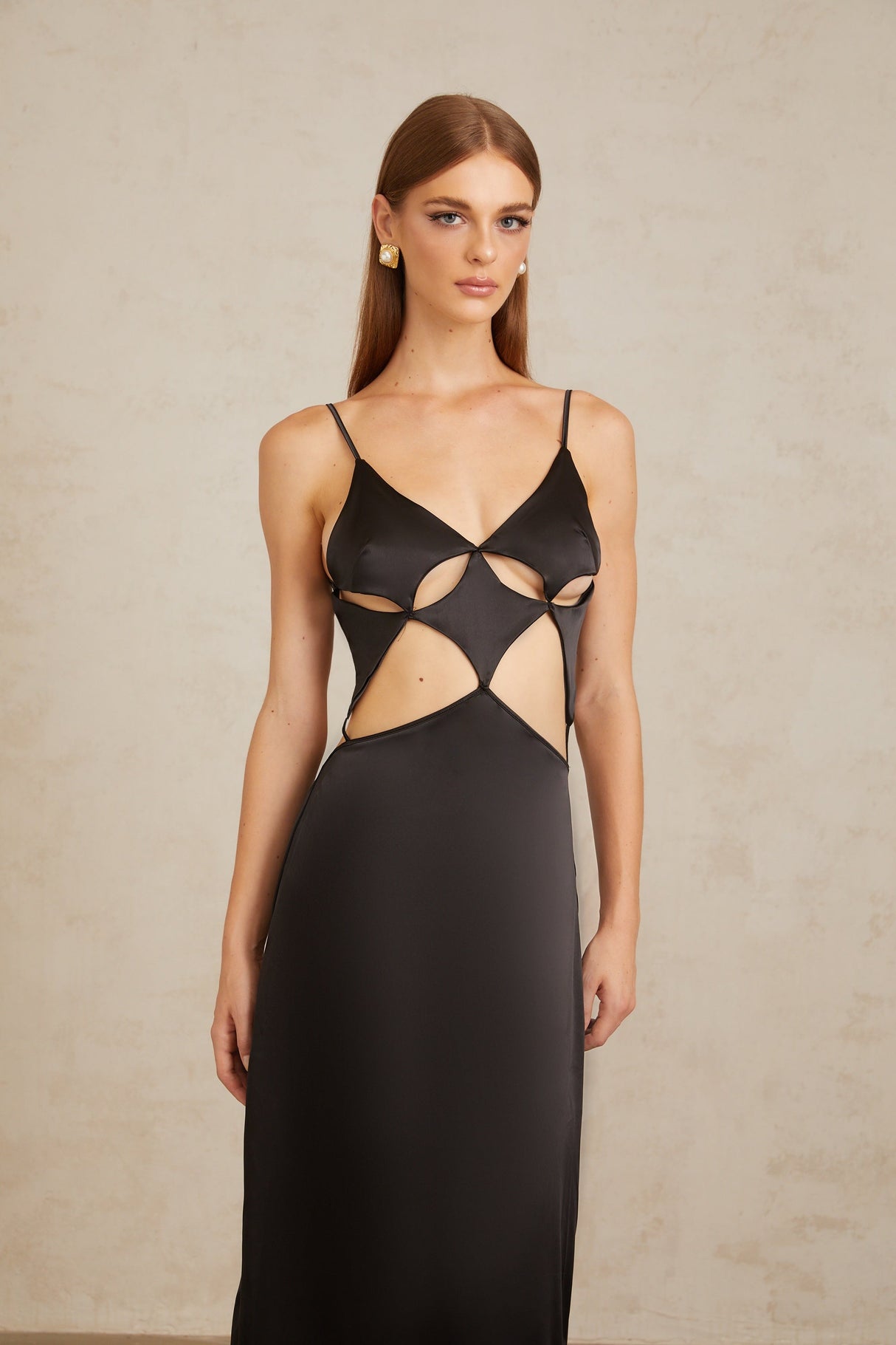 Aurohaya Noire Black Tie-Detail Cutout Maxi Gown