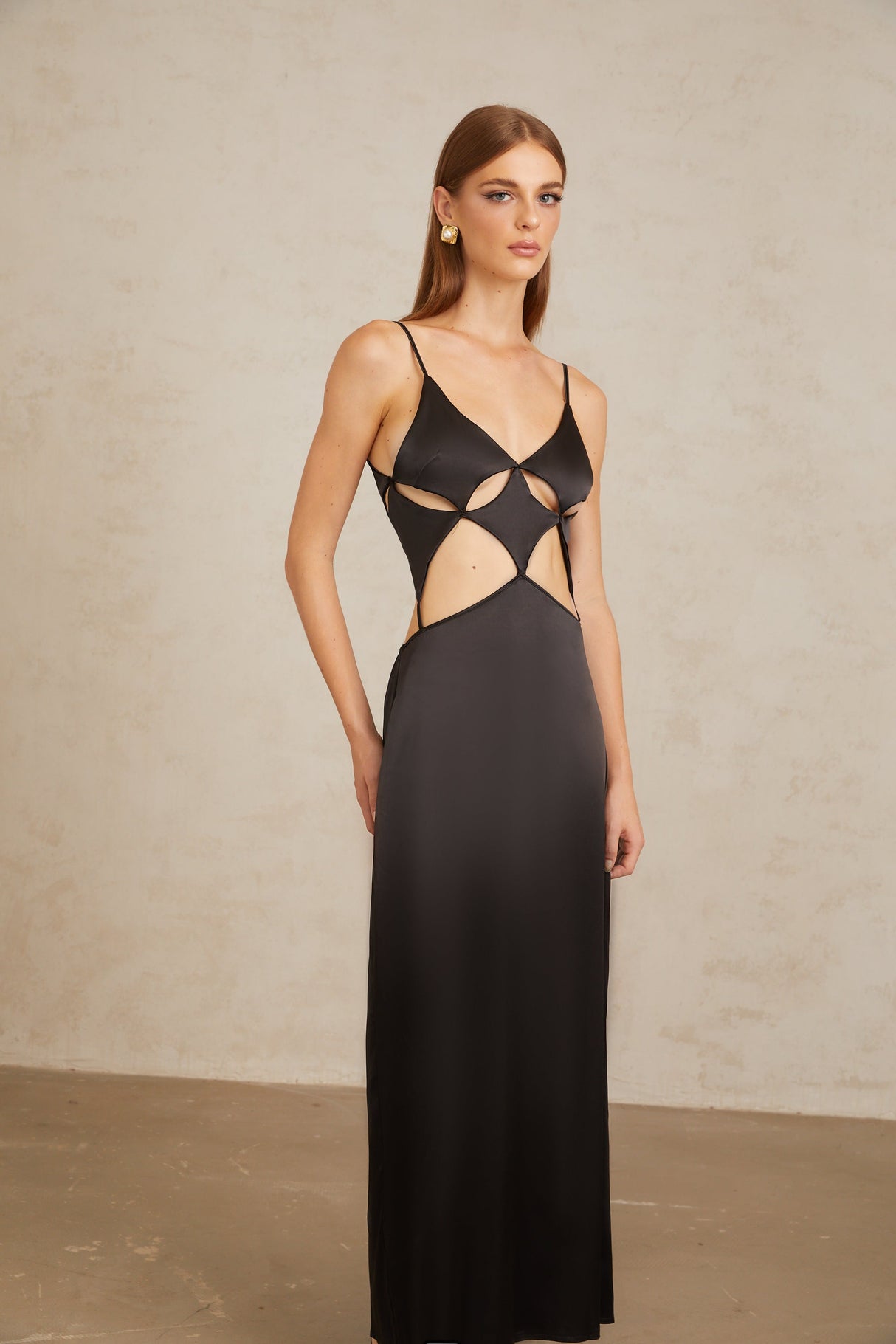 Aurohaya Noire Black Tie-Detail Cutout Maxi Gown