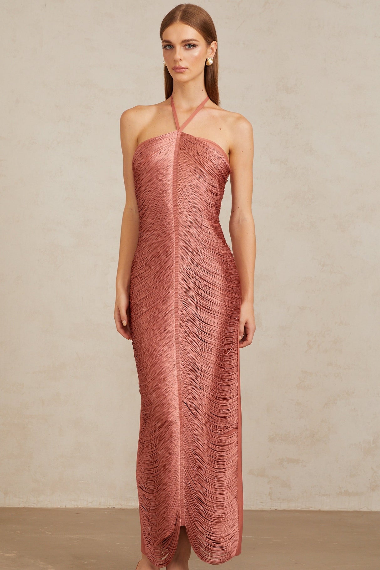 Aurohaya Polliana Pink Fringed Corset Maxi Gown