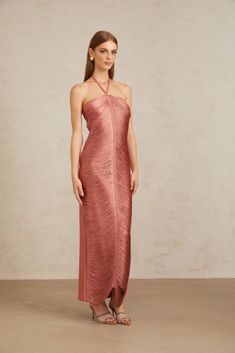Aurohaya Polliana Pink Fringed Corset Maxi Gown