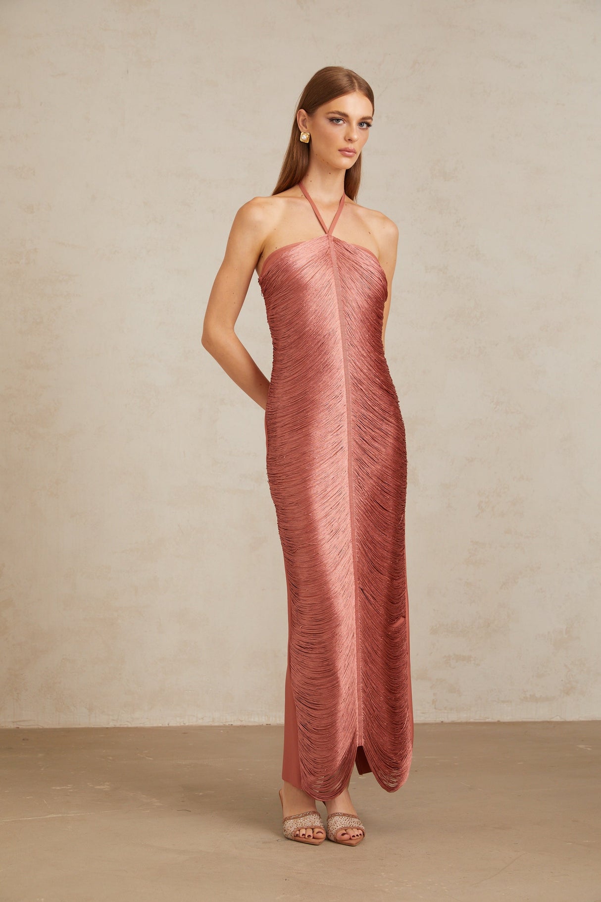 Aurohaya Polliana Pink Fringed Corset Maxi Gown
