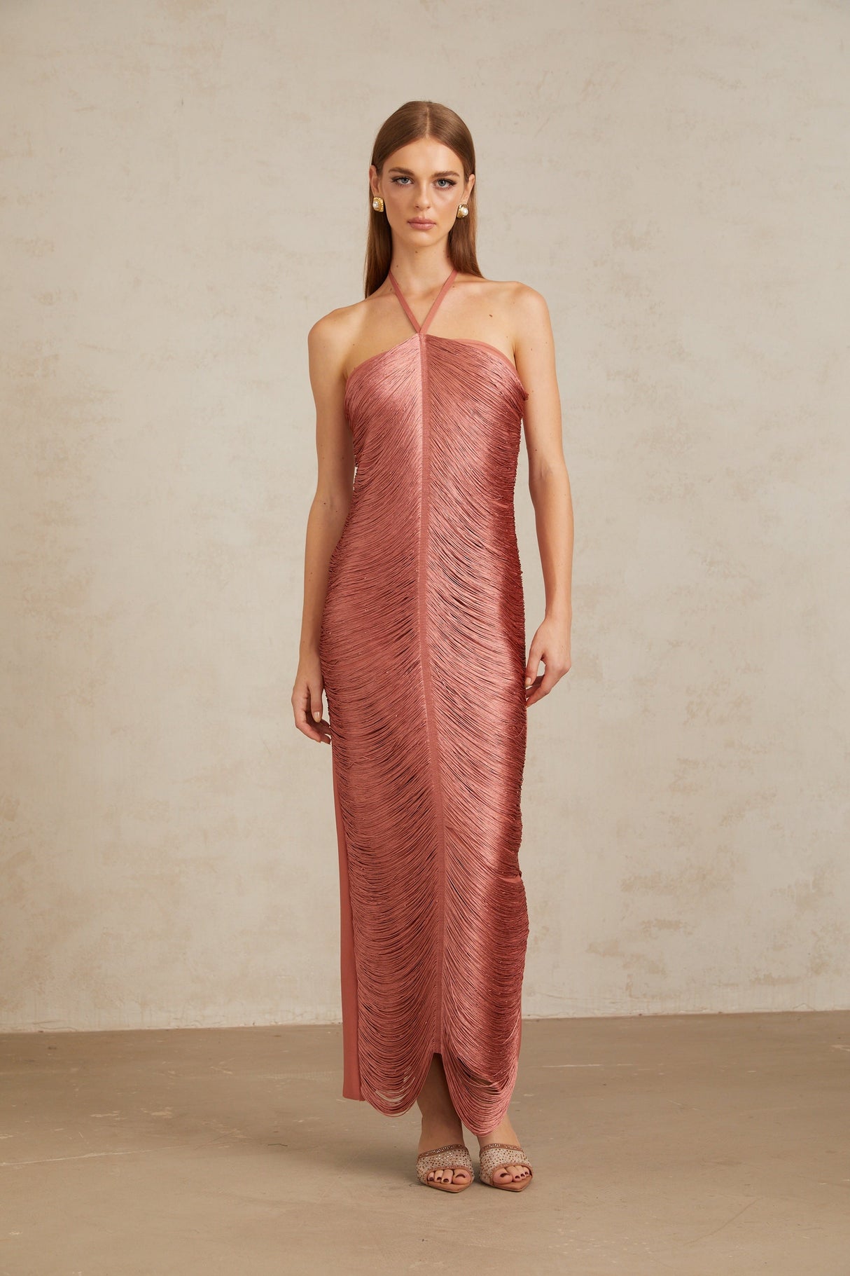 Aurohaya Polliana Pink Fringed Corset Maxi Gown
