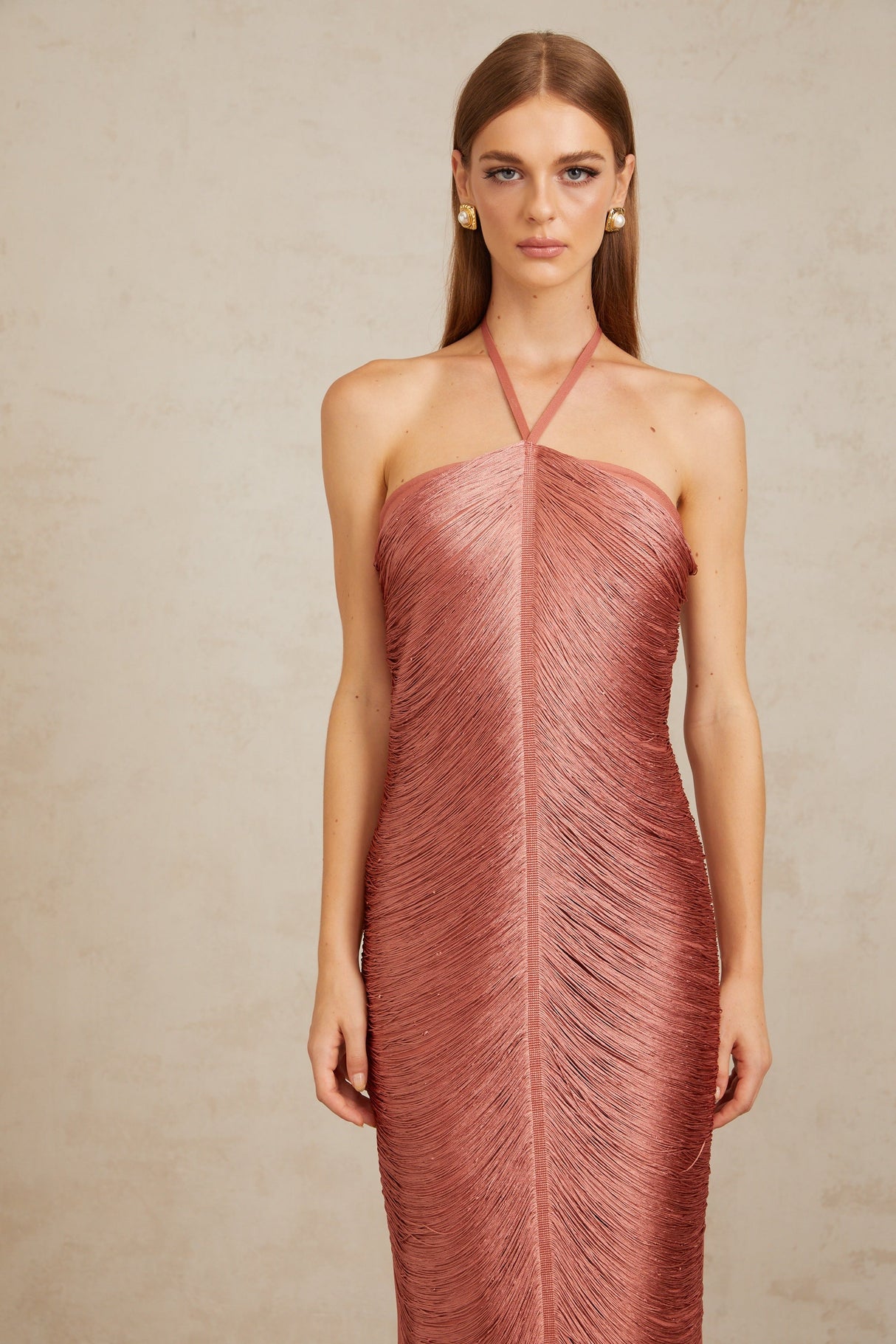 Aurohaya Polliana Pink Fringed Corset Maxi Gown
