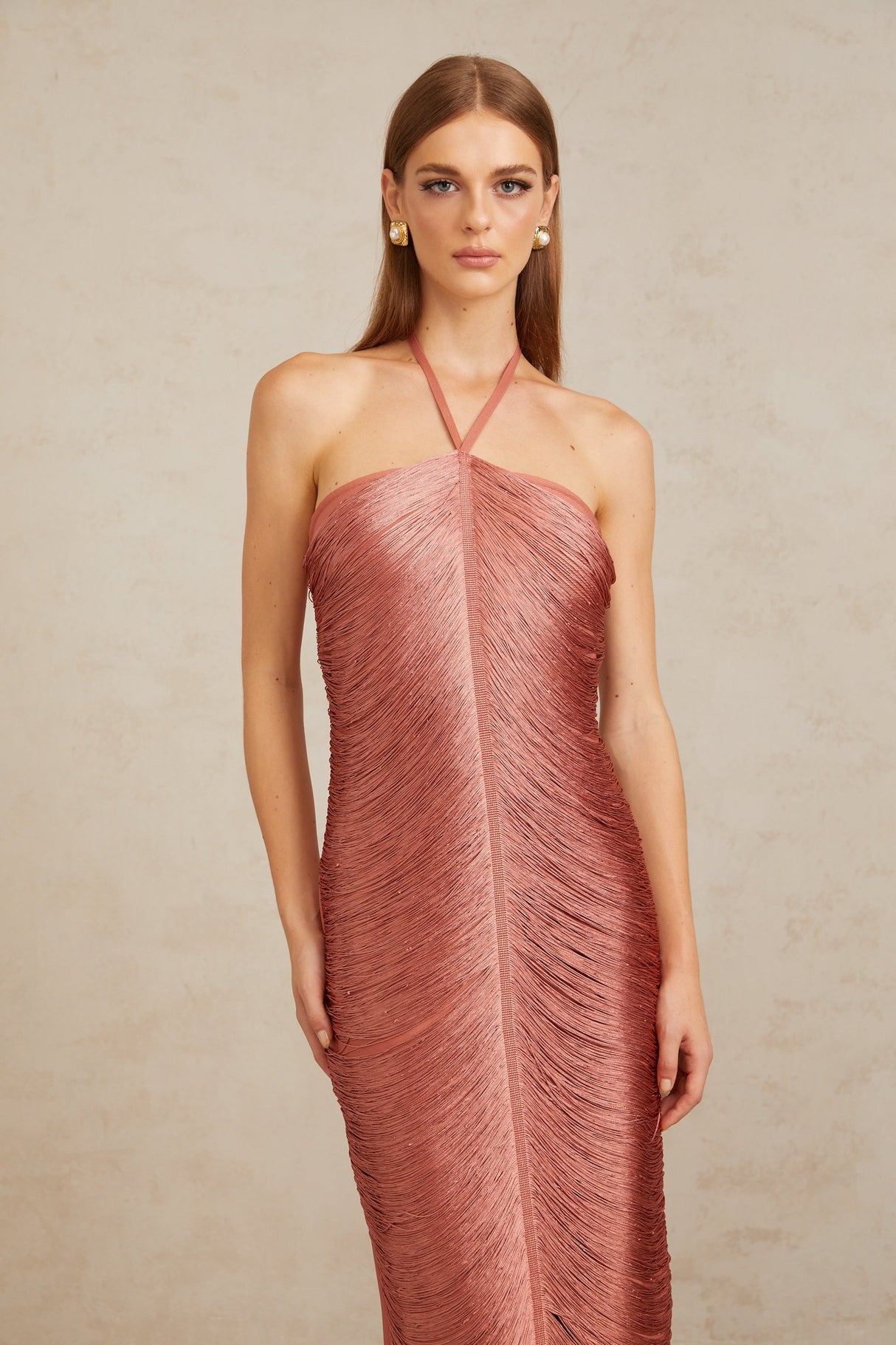 Aurohaya Polliana Pink Fringed Corset Maxi Gown