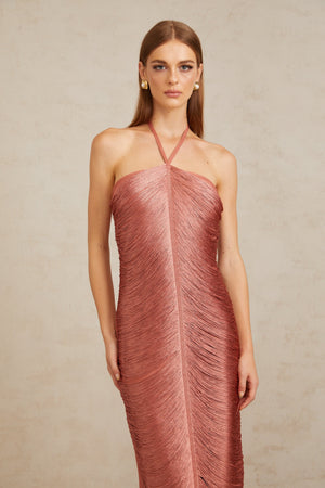 Aurohaya Polliana Pink Fringed Corset Maxi Gown