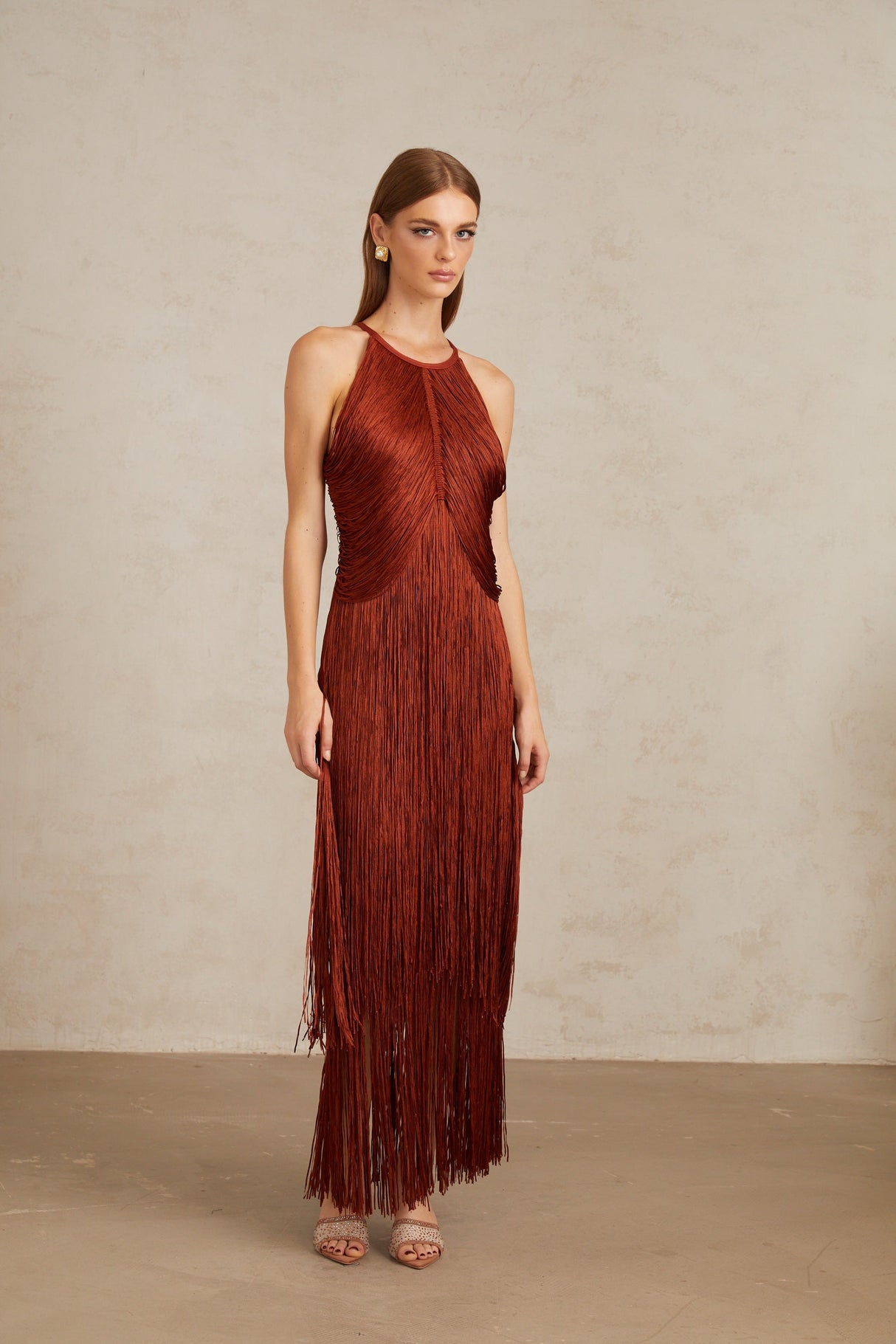 Aurohaya Mélisande Rusty Red Halterneck Fringed Maxi Gown
