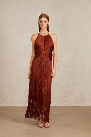 Aurohaya Mélisande Rusty Red Halterneck Fringed Maxi Gown