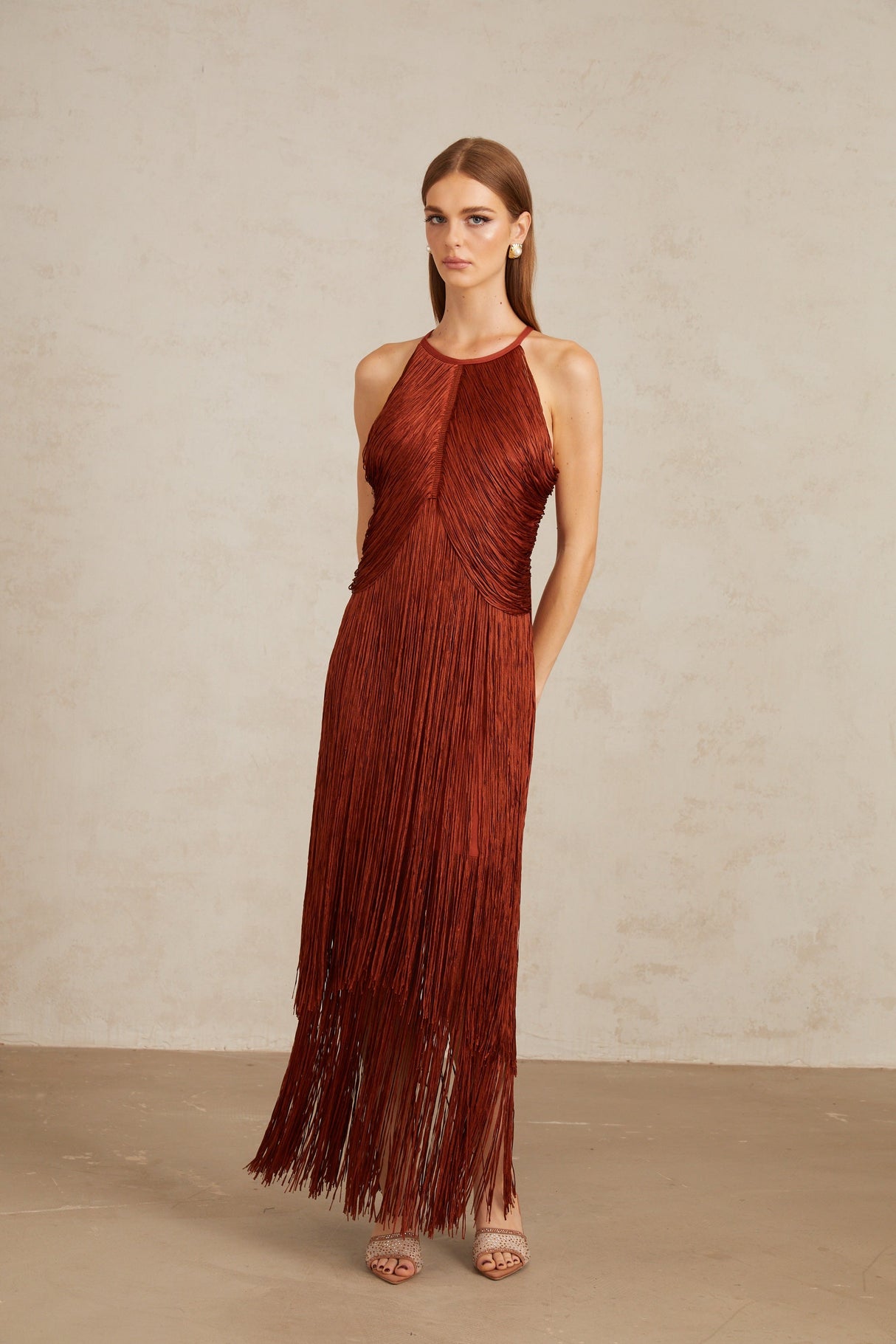 Aurohaya Mélisande Rusty Red Halterneck Fringed Maxi Gown