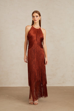 Aurohaya Mélisande Rusty Red Halterneck Fringed Maxi Gown