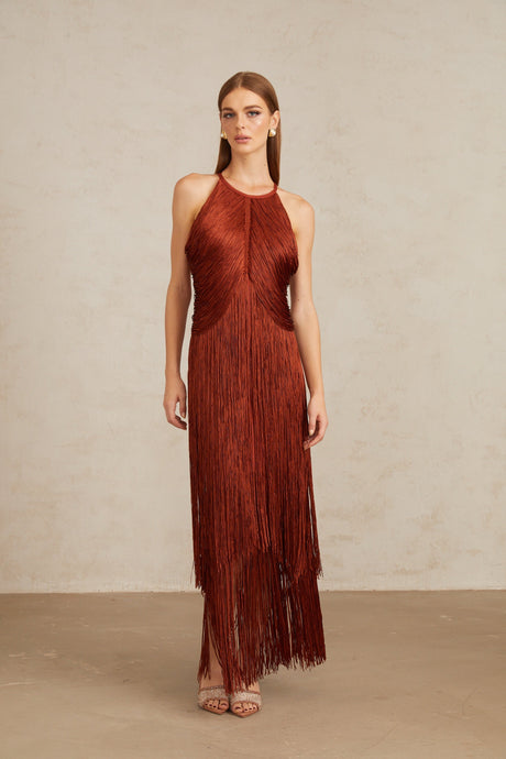 Aurohaya Mélisande Rusty Red Halterneck Fringed Maxi Gown