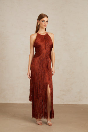 Aurohaya Mélisande Rusty Red Halterneck Fringed Maxi Gown
