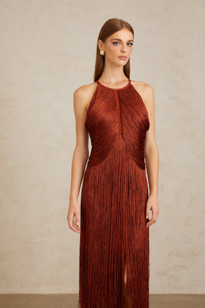 Aurohaya Mélisande Rusty Red Halterneck Fringed Maxi Gown