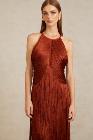 Aurohaya Mélisande Rusty Red Halterneck Fringed Maxi Gown