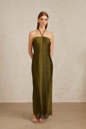 Aurohaya Polliana Olive Green Fringed Corset Maxi Gown