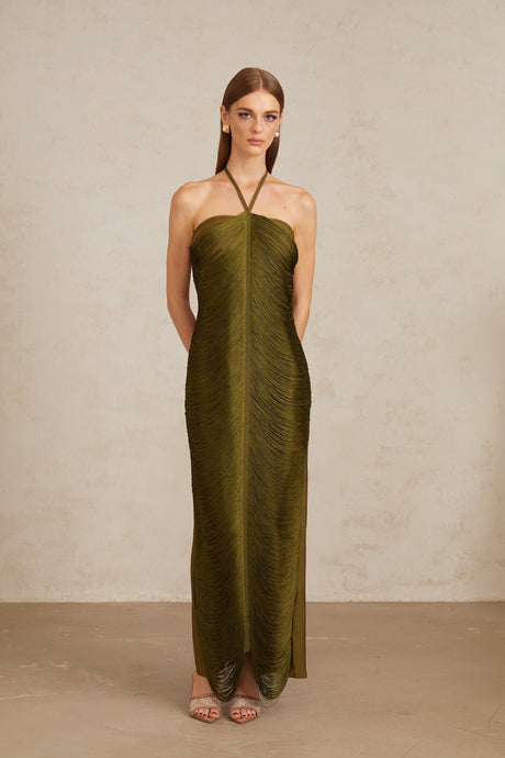 Aurohaya Polliana Olive Green Fringed Corset Maxi Gown