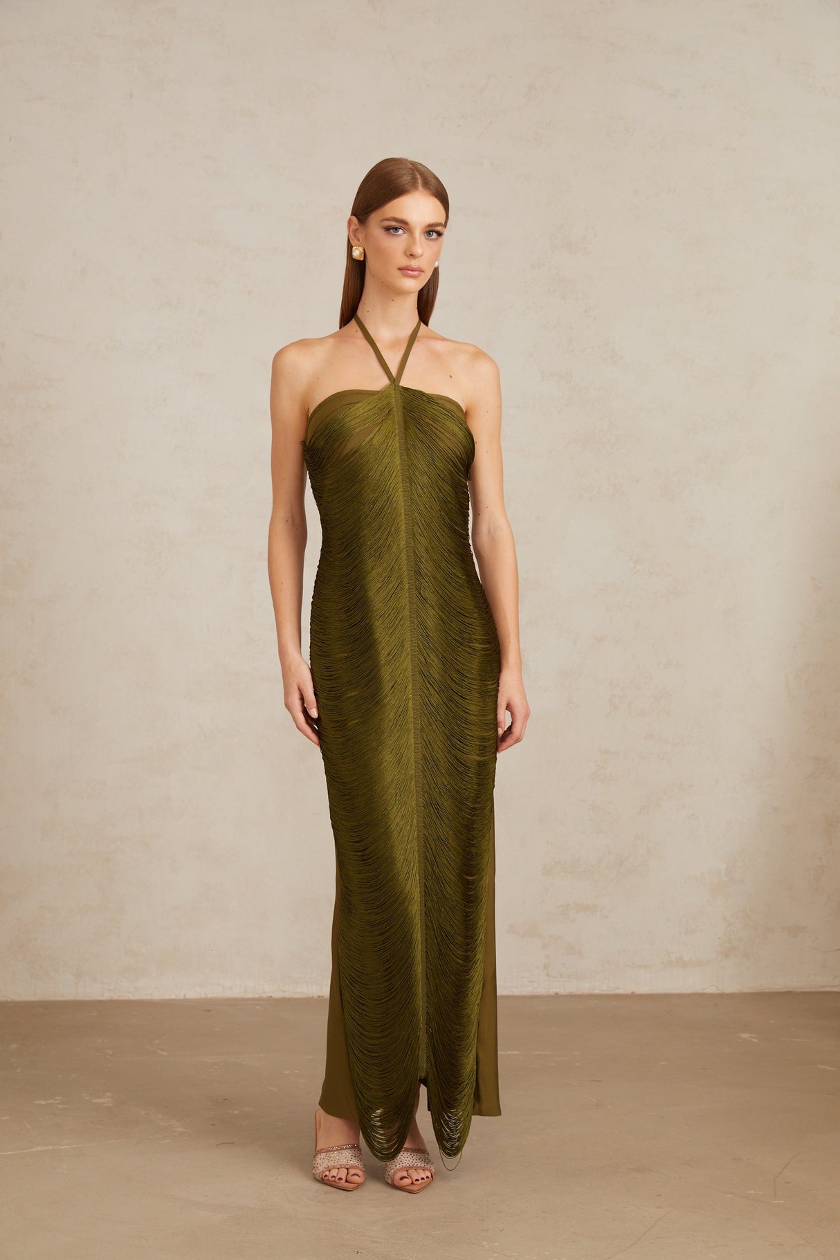 Aurohaya Polliana Olive Green Fringed Corset Maxi Gown