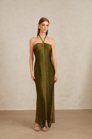 Aurohaya Polliana Olive Green Fringed Corset Maxi Gown