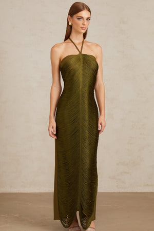 Aurohaya Polliana Olive Green Fringed Corset Maxi Gown