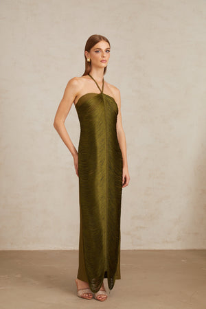 Aurohaya Polliana Olive Green Fringed Corset Maxi Gown