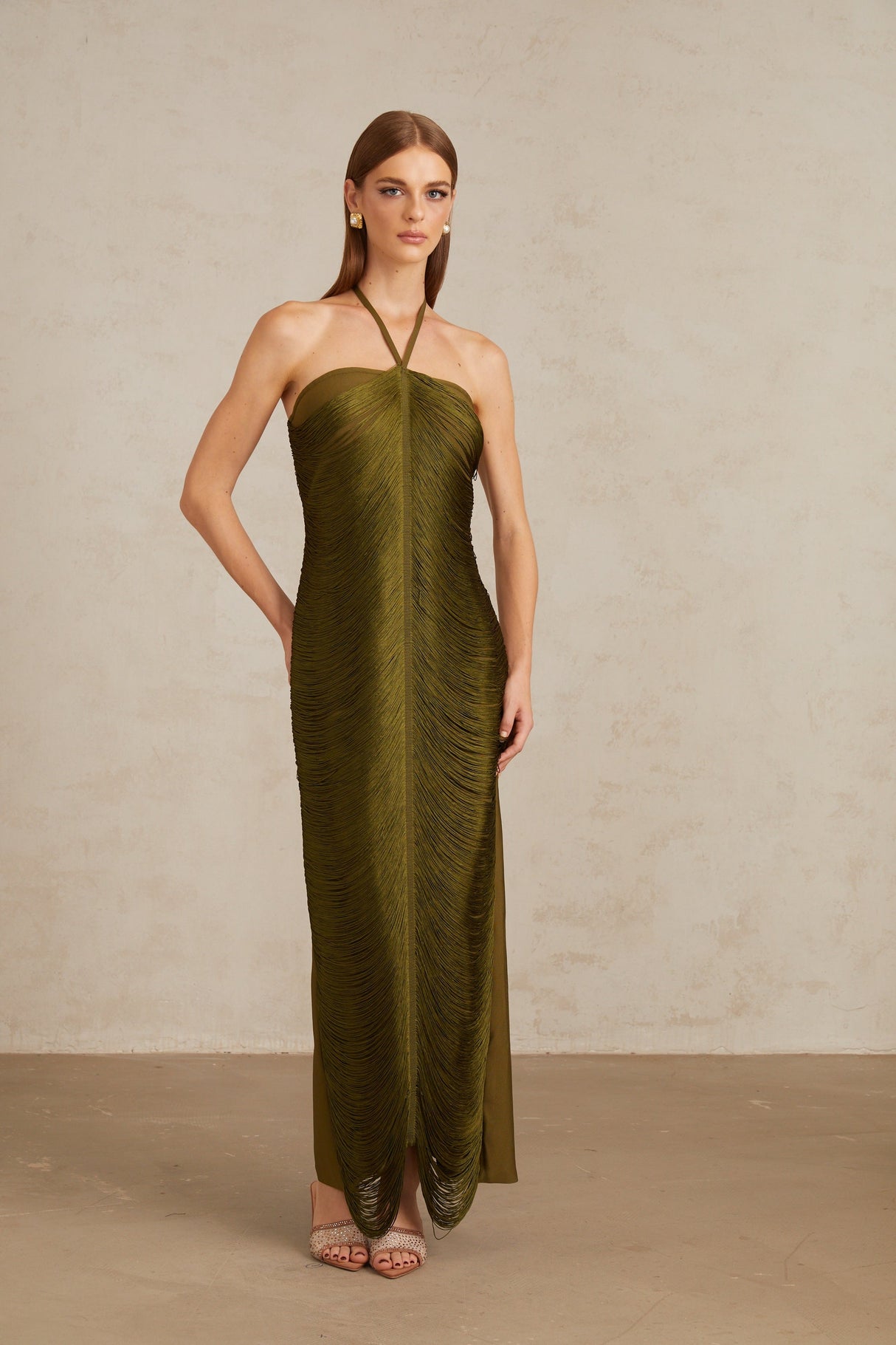 Aurohaya Polliana Olive Green Fringed Corset Maxi Gown