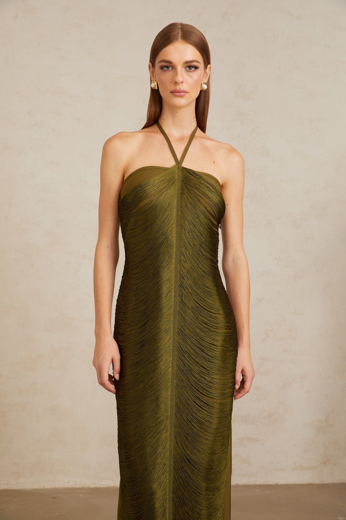 Aurohaya Polliana Olive Green Fringed Corset Maxi Gown