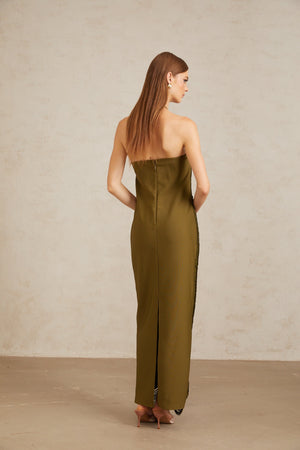 Aurohaya Polliana Olive Green Fringed Corset Maxi Gown