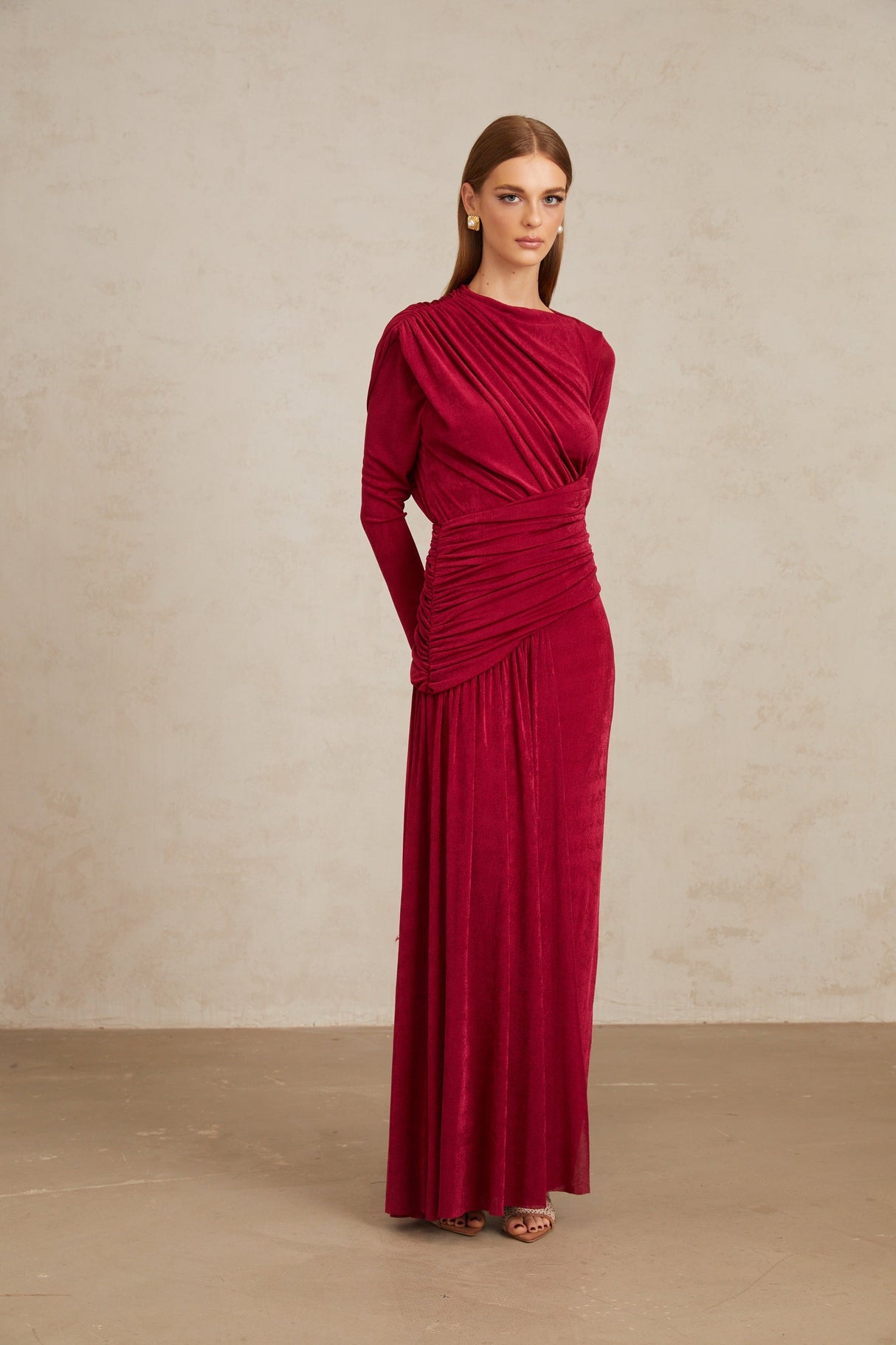 Aurohaya Charme Red Ruched Maxi Dress