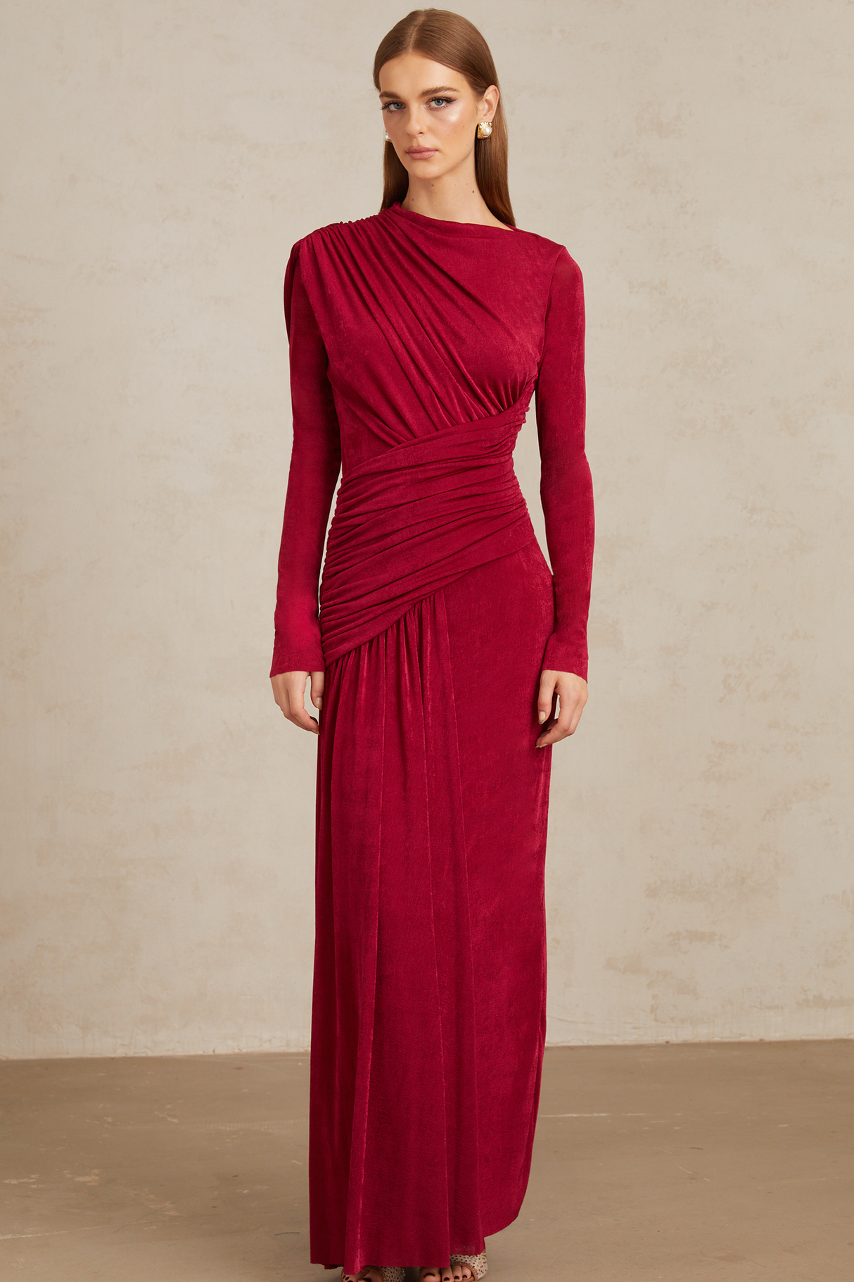 Aurohaya Charme Red Ruched Maxi Dress