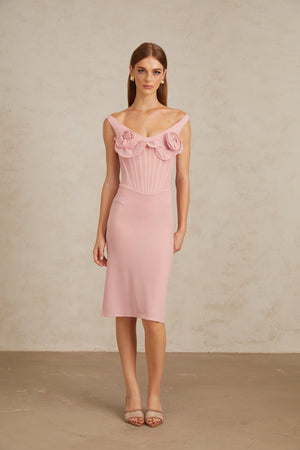 Aurohaya Aada Pink Fitted 3D Petal Midi Dress