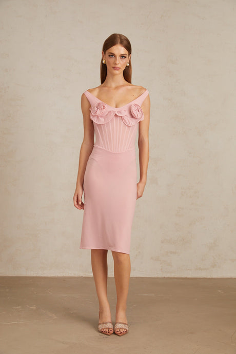 Aurohaya Aada Pink Fitted 3D Petal Midi Dress