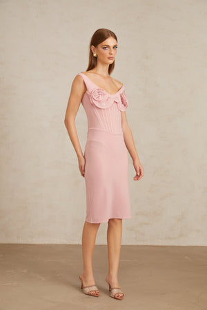 Aurohaya Aada Pink Fitted 3D Petal Midi Dress