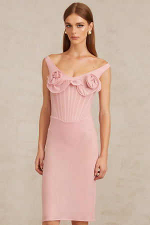 Aurohaya Aada Pink Fitted 3D Petal Midi Dress