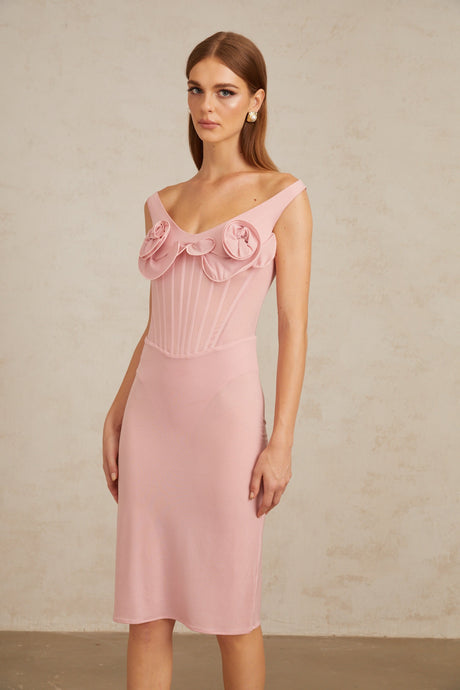 Aurohaya Aada Pink Fitted 3D Petal Midi Dress