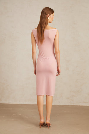Aurohaya Aada Pink Fitted 3D Petal Midi Dress