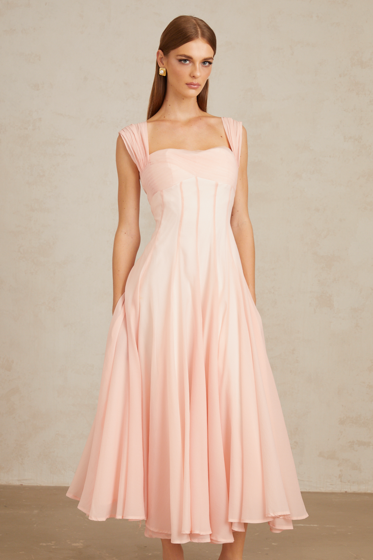 Aurohaya Érasme Pink Flounced Midi Dress