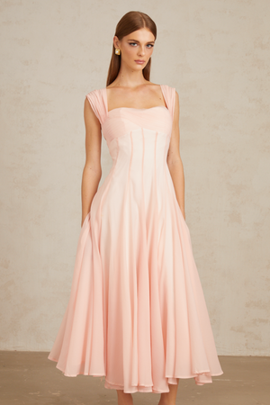 Aurohaya Érasme Pink Flounced Midi Dress