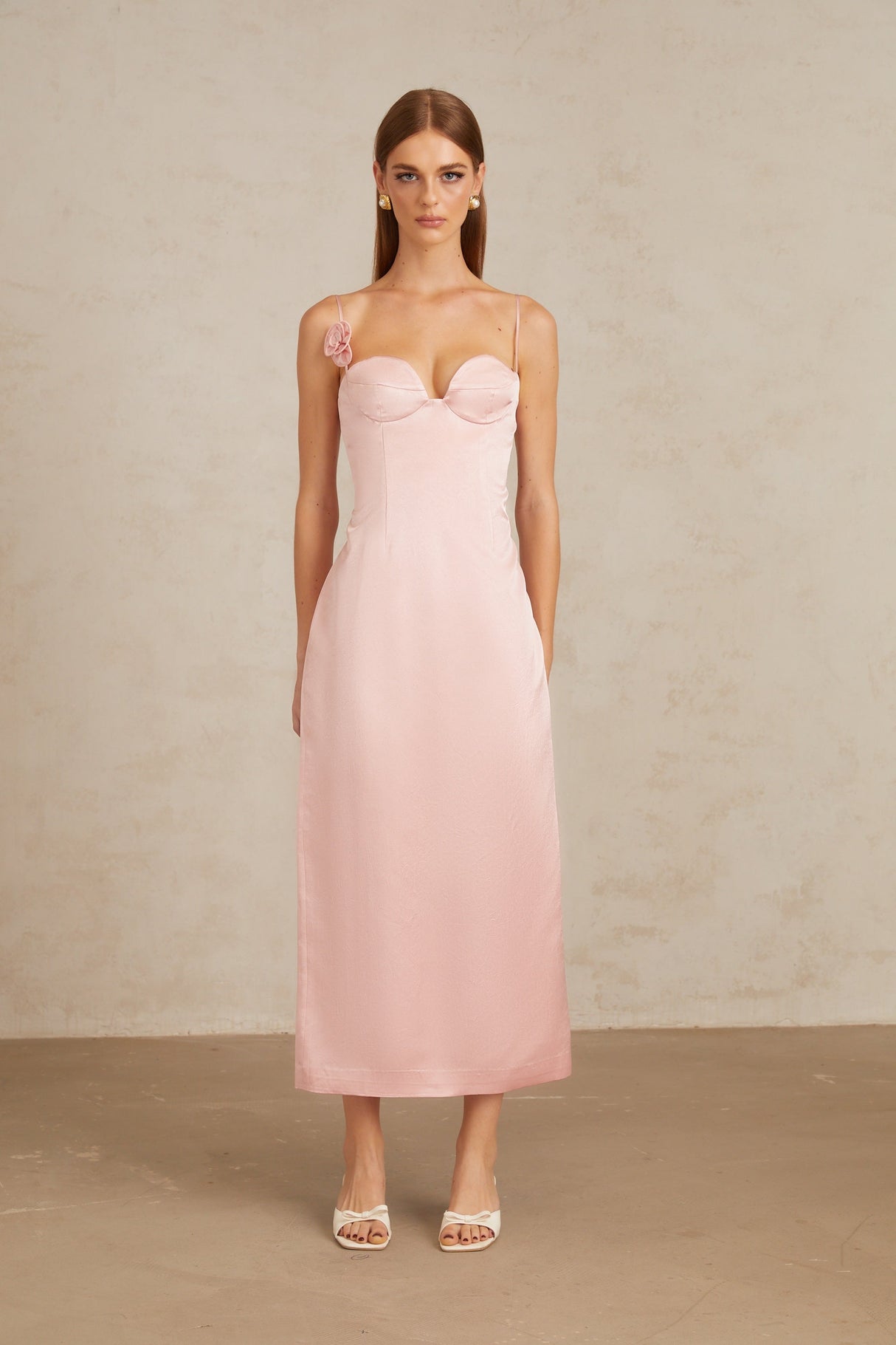 Aurohaya Ida Pink Floral Satin Midi Dress