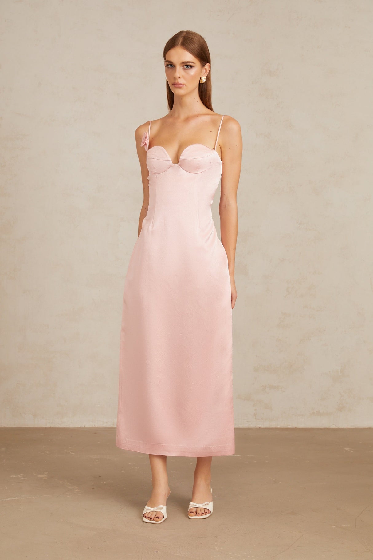 Aurohaya Ida Pink Floral Satin Midi Dress