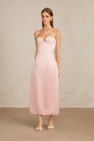 Aurohaya Ida Pink Floral Satin Midi Dress