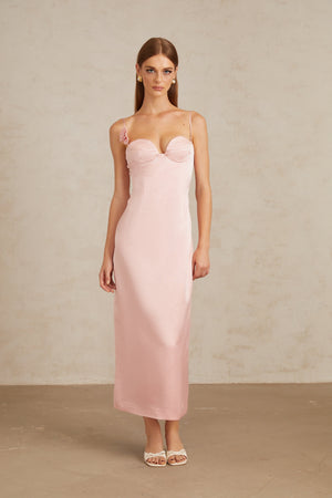 Aurohaya Ida Pink Floral Satin Midi Dress