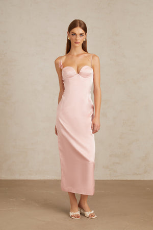 Aurohaya Ida Pink Floral Satin Midi Dress