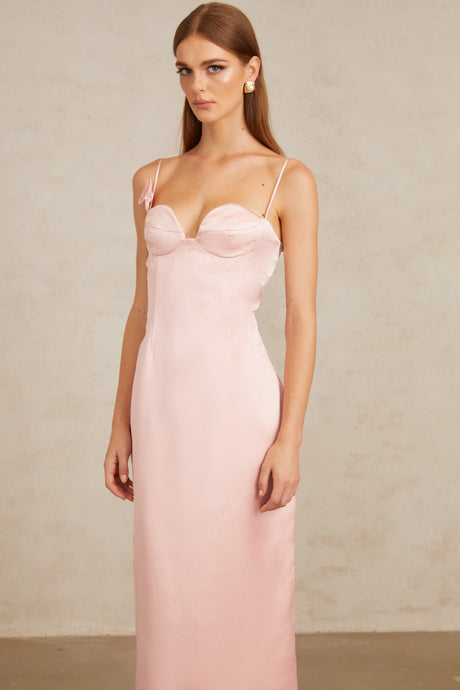 Aurohaya Ida Pink Floral Satin Midi Dress